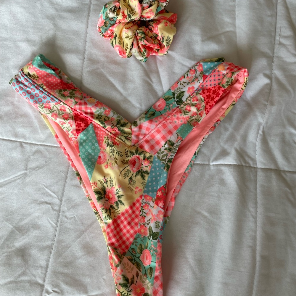 Floral Patchwork Bikini Bottom With Scrunchie - image 1